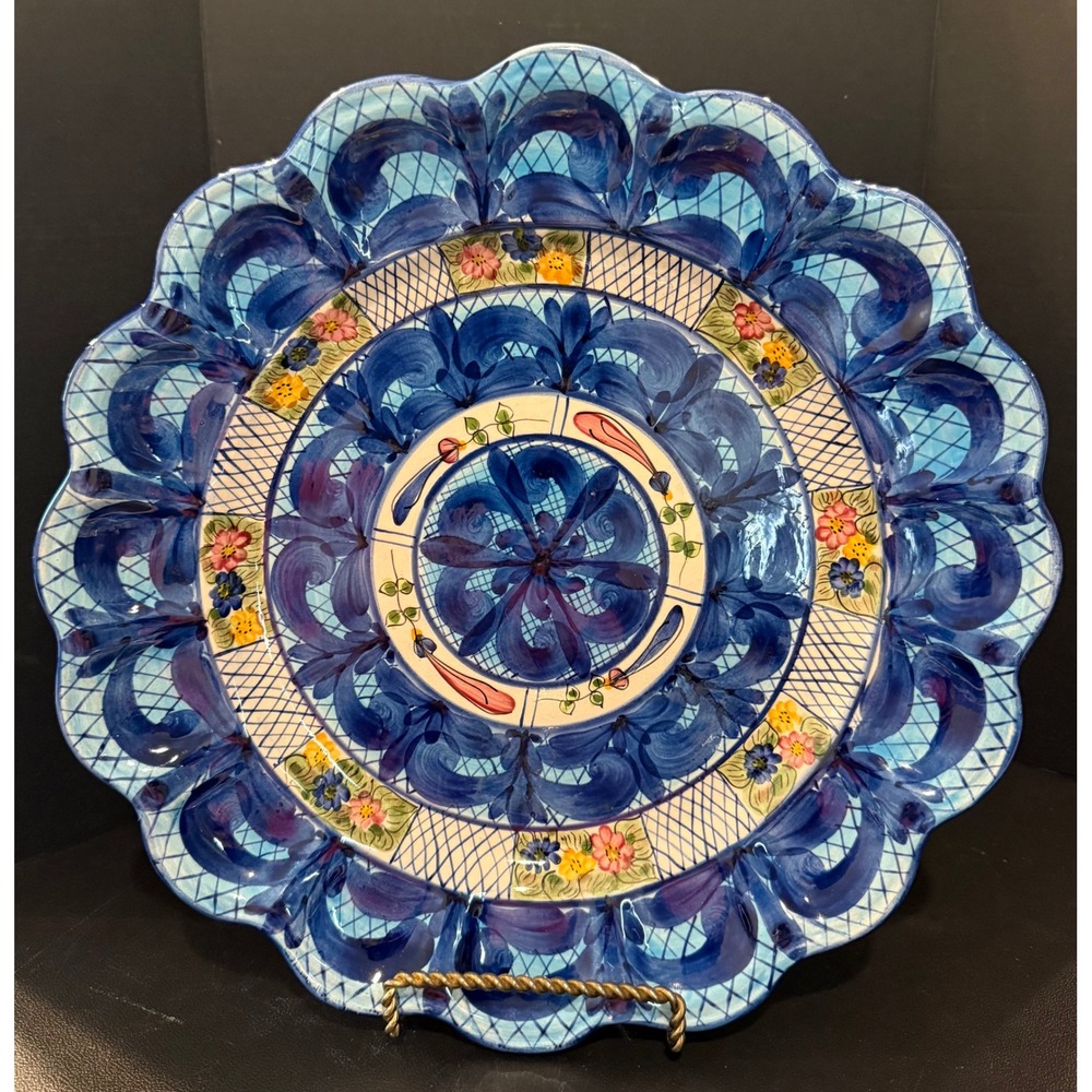 Blue Hand Painted Plate Platter Costa Rica Floral Flowers Scalloped Artsy Boho